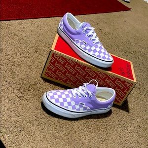 White and light purple checkered vans
